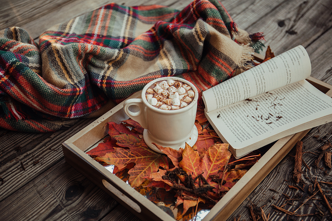 a tray of leaves, a cup of hot chocolate, and a book